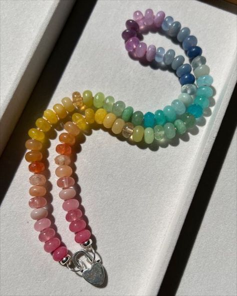 Rainbow Stone Necklace, Pony Bead Jewelry, Pastel Jewelry, Rainbow Ombre, Baltic Amber Jewelry, Rainbow Opal, Rainbow Gemstones, Gemstone Beads Jewelry, Heart Lock