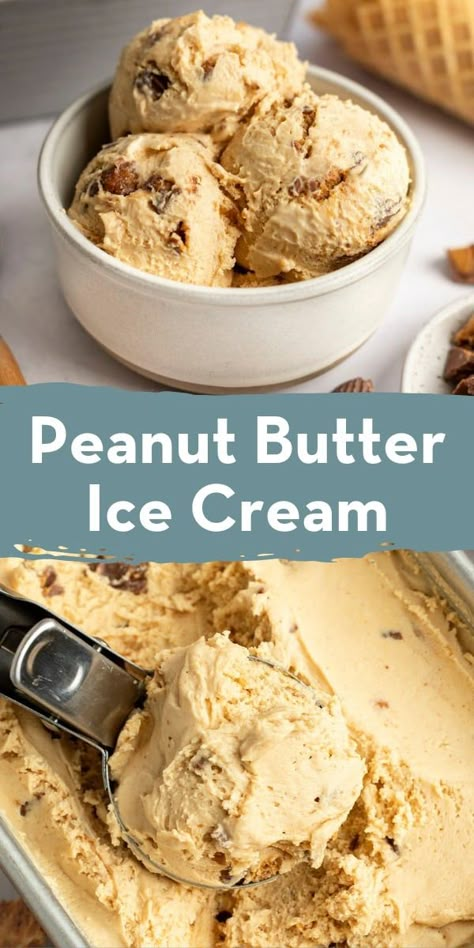 Rich and creamy peanut butter ice cream is loaded with chunks of peanut butter cups in every bite! It's an easy no-churn recipe that anyone can make. No ice cream machine needed! No Churn Peanut Butter Ice Cream, No Machine Ice Cream Recipes, No Cook Ice Cream Recipes, Churned Ice Cream Recipes, Homemade Peanut Butter Ice Cream, Peanut Butter Jelly Ice Cream, Peanut Ice Cream, No Churn Ice Cream Recipes, Ice Cream Peanut Butter