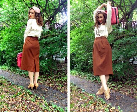 1940s vintage pencil skirt Plus Size Vintage Fashion, 1940s Fashion Women, Pink Suitcase, 1940s Outfits, 1940's Fashion, Conservative Fashion, Vintage Pencil, Older Women Fashion, Vintage Inspiration