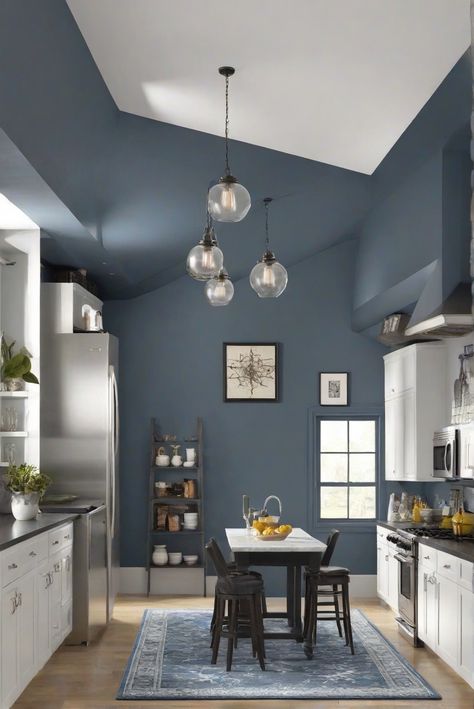 charcoal blue paint, kitchen wall paint, white rug, room painting cost Light Blue Gray Kitchen Walls, Blue Grey Kitchen Walls White Cabinets, Gray Blue Kitchen Walls, Slate Blue Kitchen Walls, Blue Painted Kitchen Walls, Blue Wall Kitchen Ideas, Blue Kitchen Walls White Cabinets, White Cabinets Blue Walls, Kitchen With Blue Walls