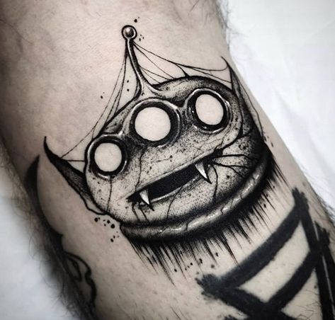 Weird Dark Tattoos, Creepy Disney Tattoos, Scary Knee Tattoo, Horror Disney Tattoo, Disney Horror Tattoos, Dark Tattoo Ideas Creepy, Toy Story Alien Tattoo, Small Horror Tattoo Ideas, Small Scary Tattoos