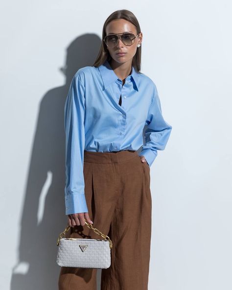 Brown And Blue Work Outfit, Dark Brown And Light Blue Outfit, Brown And Blue Outfit, Blue And Brown Outfit, Sky Blue Outfit, Camel Outfit, Dinner Fits, Mouse Outfit, Mocha Mousse