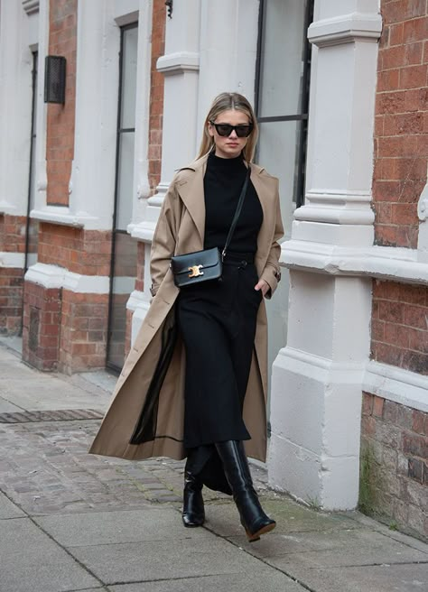 Black Trench Coat Outfit, Midi Skirt Outfit Winter, Leather Boots Outfit, Trench Coat Outfits, Trench Beige, Fall Boots Outfit, Winter Boots Outfits, Black Boots Outfit, High Boots Outfit