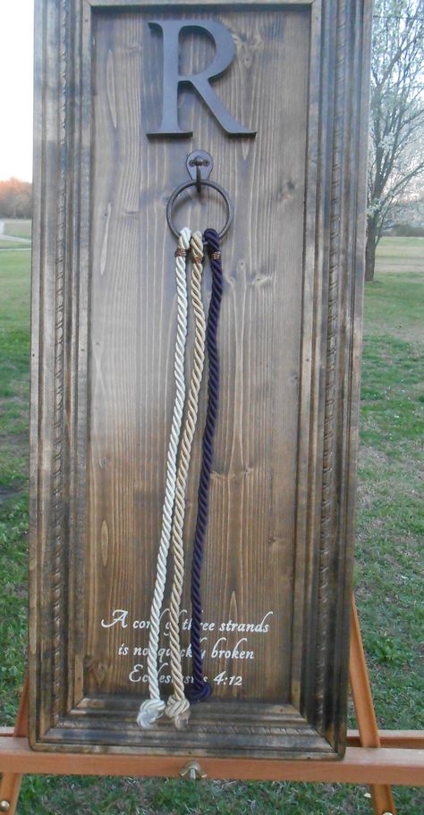 A beautiful alternative to the normal unity candle or sand ceremony. The ceremony shows how God is included in the union and the three of them can endure all things. The Cord of Three Strands symbolizes the joining of one man and one woman by God into a marriage relationship. Marriage takes three; you, your soon to be spouse, and God. By keeping Him at the center of your marriage, His love will continue to bind you together as one throughout your marriage. Ecclesiastes 4:12 - Though one may be o Ecclesiastes 4 12, Wedding Unity Ceremony, Unity Ideas, Wedding Ceremony Unity, Cord Of Three Strands, Ceremony Candles, Renewal Wedding, Rocky Point, Unity Ceremony