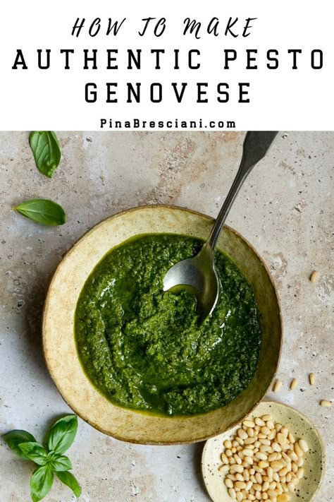 Authentic Pesto Genovese in a bowl. Authentic Italian Pesto Recipe, Genovese Basil, Europe Recipes, Paleo Sauces, English Corner, Truly Scrumptious, Scrumptious Food, Pecorino Romano, How To Make Pesto