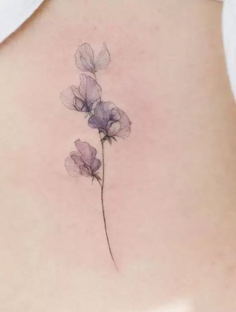 Translucent Flower Tattoo, Sweet Pea Tattoo Watercolor, Small Watercolour Tattoos, Watercolor Violets Tattoo, Tattoo Watercolor Flower, Subtle Flower Tattoo, Watercolor Tattoo Style, Dainty Sweet Pea Tattoo, Sweet Violet Tattoo