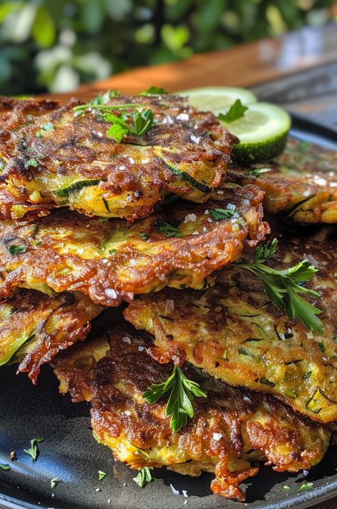 Delicious fritters made with pork and zucchini. Pork Fritters, Chicken Zucchini Fritters Recipe, Zucchini Potato Fritters, Zucchini And Corn Fritters, Vegan Corn Zucchini Fritters, Zucchini Corn Fritters All Recipes, Spinach Omelette, Keto Fried Chicken, Cauliflower Fritters