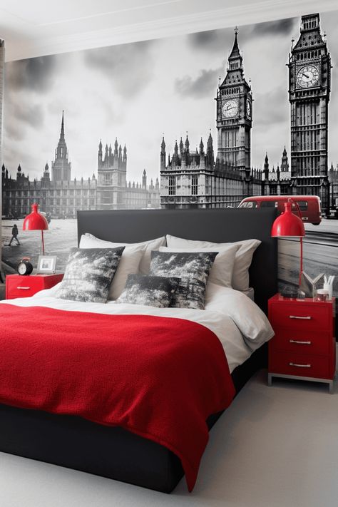 Millions of tourists flock to London every year, but have you ever considered bringing a bit Great Britain into your home? With so many wall stickers, bedding designs, and accessories available online, it’s never been easier to customize your home décor with oh-so-British pomp & circumstance. Sure,… London Inspired Bedroom, Textured Brick Wallpaper, London Bedroom, British Decor, Stylish Bedroom Decor, London Theme, London Interior Design, Creative Bedroom, Bedroom Decor Inspiration