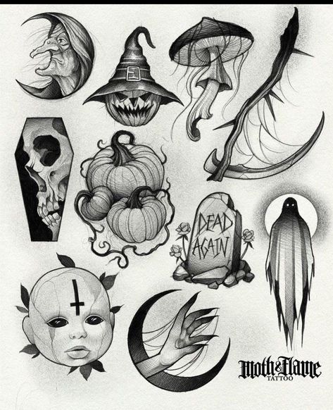 Halloween Tattoo Flash, Flash Tats, Friday The 13th Tattoo, Halloween Flash, Pumpkin Tattoo, Occult Tattoo, James Smith, Flash Tattoo Designs, Creepy Tattoos