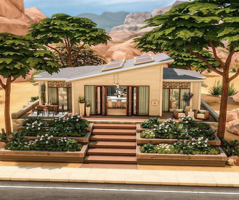 Sims Boho House, The Sims 4 Entrance Ideas, Sims 4 Houses Oasis Springs, Sims 4 Mid Century House, Sims Oasis Springs House, Sims 4 Build Inspiration, Sims 4 Del Sol Valley House, The Sims 4 Casas, Sims 4 Bungalow