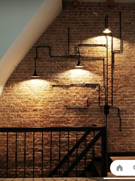 Industrial House Lighting, Industrial Wall Lights Kitchen, Industrial Loft Lighting, Brick Wall Lighting, Cafe Lighting Ideas, Industrial String Lights, Industrial Lighting Ideas, Conduit Lighting, Restaurant Lighting Design