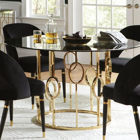 Gold Dinning Table, Round Glass Dining Room Table, Dining Table Glass, Glass Dining Room Table, Dining Table Gold, Circular Dining Table, Living Room Decor Fireplace, Table Glass, Trestle Dining Tables