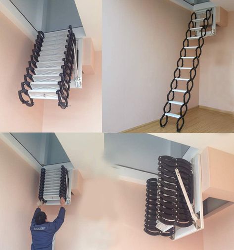 Attic Stairs Pull Down, Loft Ladder Ideas, Stairs For Small Spaces, Stairs Loft, Folding Attic Stairs, Retractable Ladder, Staircase Kits, Outdoor Wall Hanging, Outside Stairs