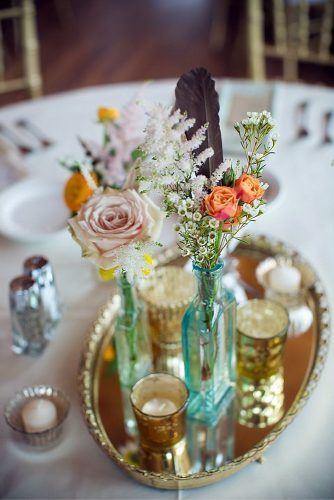 mirror wedding ideas on mirror tray candles and flowers in glass bottles twig and olive photography Mirrored Tray Centerpiece, Vintage Glass Wedding, Vintage Table Decorations, Mirror Centerpiece, Wedding Table Pink, Glass Wedding Decor, Vintage Wedding Table, Mirror Wedding, Veil Updo