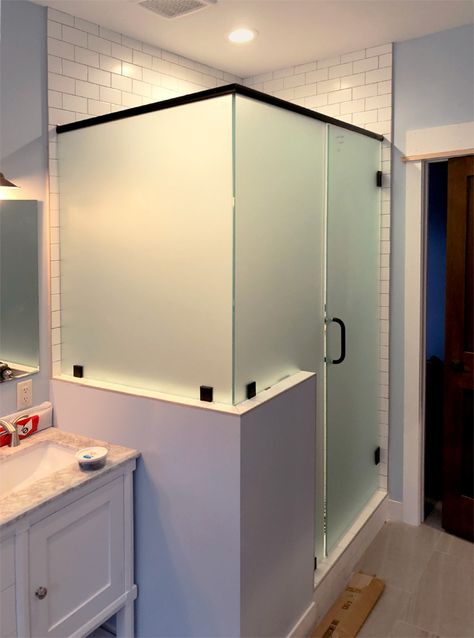 Frosted heavy glass shower enclosure adds some privacy Frosted Shower Door, Frosted Shower Doors, Frosted Glass Shower Door, Glass Corner Shower, Shower Privacy, Glass Shower Wall, Bathroom Redecorating, Bathroom Shower Doors, Bathroom Shower Walls