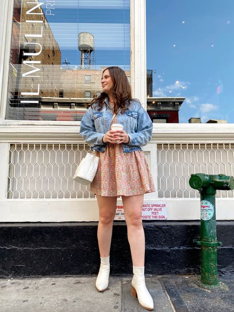 Spring outfit idea - denim jacket, floral mini dress and white boots and a white crossbody bag. Austen Tosone, affiliate links used. Mini Dress And Denim Jacket Outfit, White Casual Mini Floral Dress, White Floral Mini Dress For Daywear, White Button-up Mini Dress For Fall, Floral Mini Dress Outfit, Casual Button-up Mini Dress With Floral Print, Mini Dress Outfits, Denim Jacket Outfit, Floral Dresses Short