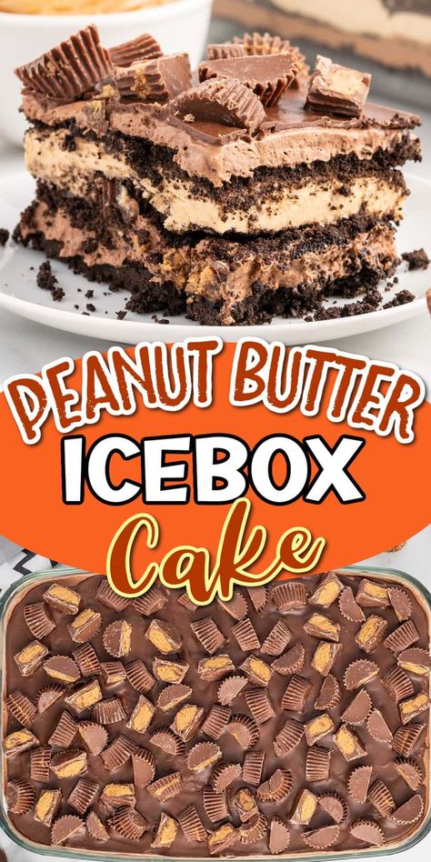 Cake With Peanut Butter Cups, Peanut Butter Cup Icebox Cake, Chocolate Peanut Butter Ice Box Cake, Peanut Butter Eclair Dessert, Chocolate Ice Box Cake Graham Crackers, Reese Ice Cream Cake, Chocolate Peanut Butter Icebox Cake, Peanut Butter Oreo Icebox Cake, Christmas Ice Box Cake