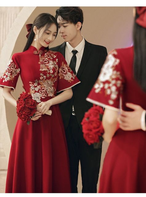 "⭐⭐ This Dress is stunning for Brides who wants to have a traditional Chinese Wedding celebration. Vivid Wine Red with Classical Chinese Embroidery Flowers Art and Tassels 囍, Stands for Joy and Happiness for the bride and groom. ⭐ This dress can be custom size made. Please offer your measurement: Shoulder/Bust/Waist/Hip/ Height/Dress Length you want for customization. ⭐ Color options: Wine Red/ White; ⭐ Design option: Regular Hemline/ Mermaid Hemline ⭐ Dress Length: To Mid-Culf about 110cm or To Wedding Cheongsam Brides, Chinese Embroidery Dress, Chinese Bride Dress, Chinese Wedding Outfits, Wedding Dresses Red, China Wedding Dress, Chinese Style Wedding Dress, Qipao Gown, Modern Chinese Wedding Dress