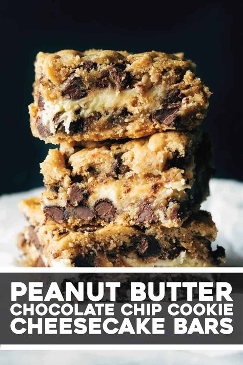 These peanut butter chocolate chip cookie cheesecake bars are just as extreme as they sound. For true dessert lovers! #cheesecake #bars #cookies Chocolate Chip Cookie Cheesecake Bars, Cookie Cheesecake Bars, Peanut Butter Chocolate Chip Cookie, Chocolate Chip Cookie Cheesecake, Cheesecake Bar, Bars Cookies, Cookie Cheesecake, Pinch Of Yum, Chocolate Chip Cheesecake