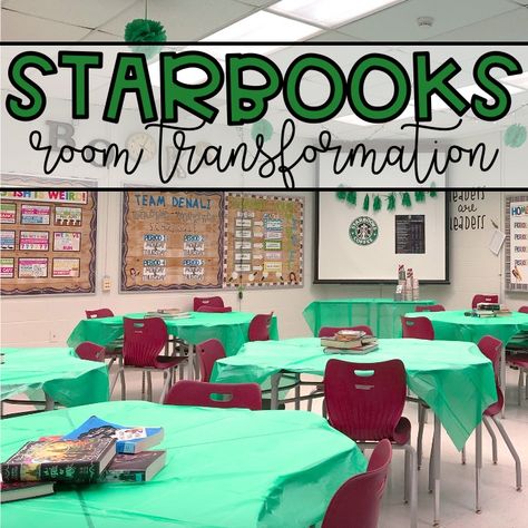 Starbooks Cafe Classroom Transformation, Starbucks Room Transformation, Room Transformation Classroom, Transformation Classroom, Reading Nook Classroom, Read A Thon, Book Tasting, Library Themes, Community School