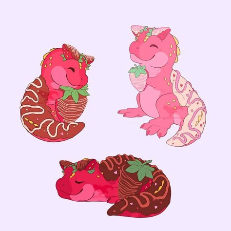 Candy Animals, Strawberry Dinosaur, Candy Animals Art, Dinosaur Cute Art, Carnotaurus Art, Dessert Animals Drawing, Cute Dinosaur Drawing, Carnotaurus Art Cute, Strawberry Character Design