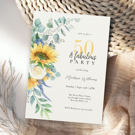 Celebrate with a 50 and fabulous party invitation that pops with elegant femininity and style.  This charming watercolor sunflowers floral design has a cascading bouquet of cheerful yellow sunflowers, ivory white roses, and lovely trailing eucalyptus greenery.  All of the text may be personalized for your party, including the guest of honor's age. This uniquely beautiful invitation is available as printed and paperless digital download. Sunflower 50th Birthday Party, 50 And Fabulous Party, Sunflower Theme Party, Birthday Party Decorations For Adults, Watercolor Sunflowers, Cascading Bouquet, 50th Bday, Yellow Tea, 50th Birthday Invitations