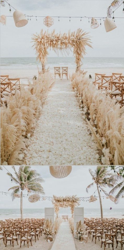 Seagrass Wedding Decor, Beach Wedding Fairy Lights, Beach Wedding Theme Ideas Color Palettes, Beach Wedding Setup, Gold Beach Wedding, Dream Beach Wedding, Gold Wedding Colors, Pastel Beach, Simple Wedding Decorations