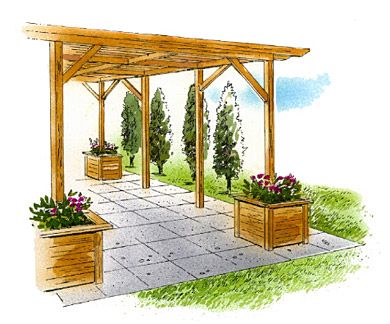 Pergola with Planters. So we could do this with planters off to each side of posts and then, add top when its in place and wrap with toole. Free Pergola Plans, Pergola Modern, Diy Patio Ideas, Pergola Diy, Small Pergola, Concrete Patios, Dream Patio, Cheap Pergola, Building A Pergola