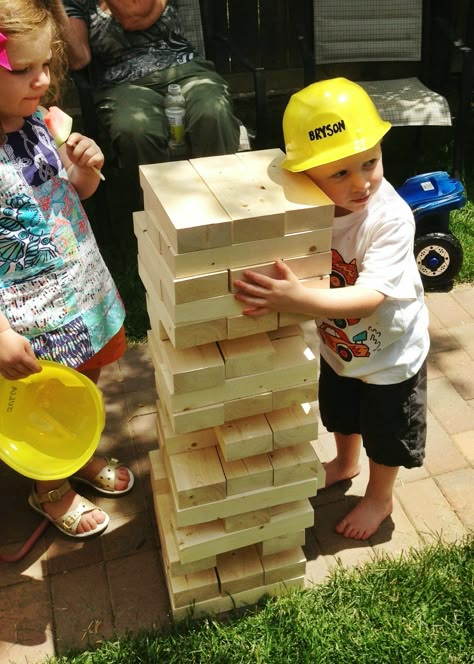 DIY Life Size Jenga Game | all dressed up with nothing to drink... Digger Birthday, Birthday Games For Adults, Construction Theme Birthday Party, Diy Construction, Construction Theme Party, Giant Jenga, Construction Birthday Party, 50th Birthday Party Decorations, Construction Diy