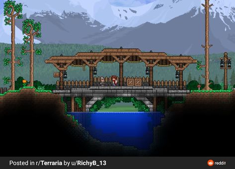 Terraria Bridge Design, Terraria Bridge Ideas, Terraria Bridge, Brick Bridge, Terraria Houses, Terrarium Base, Terraria Tips, Terraria House Ideas, Terraria House Design