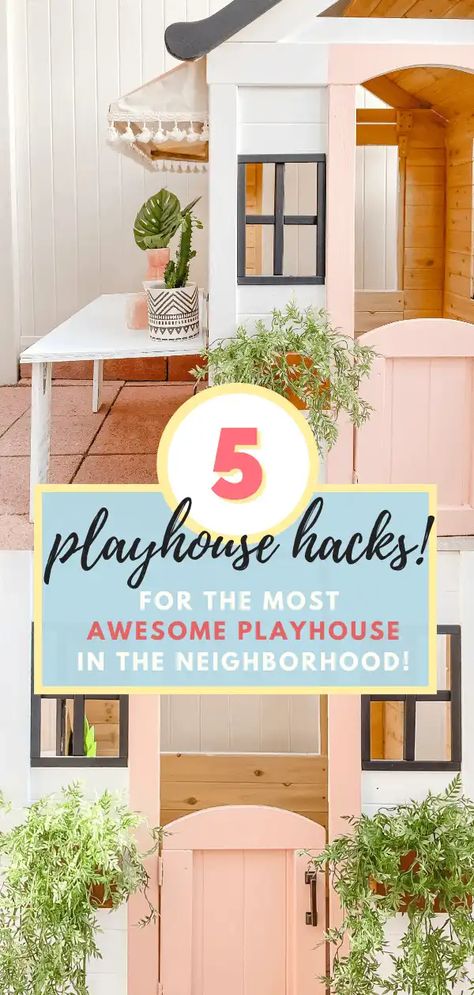 5 Easy Upgrades to Create an Awesome Playhouse! •Playhouse Makeover + Hacks• - Tiffanie Anne Blog Cafe Playhouse, Wood Playhouse Makeover, Kids Table Diy, Playhouse Cafe, Painted Playhouse, Playhouse Windows, Inside Playhouse, Kids Wooden Playhouse, Playhouse Decor