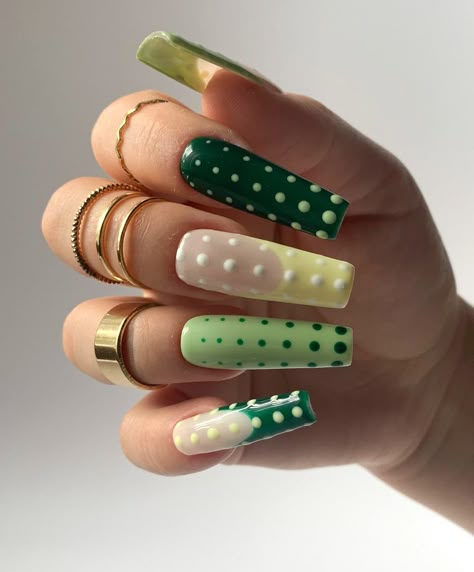 Bluish Green Nails Acrylic, Light And Dark Green Nails, Green Dot Nails, Fun Green Nails, Green Aesthetic Nails, Nail Art Vert, Green Acrylic Nails, Green French, Spring Acrylic Nails