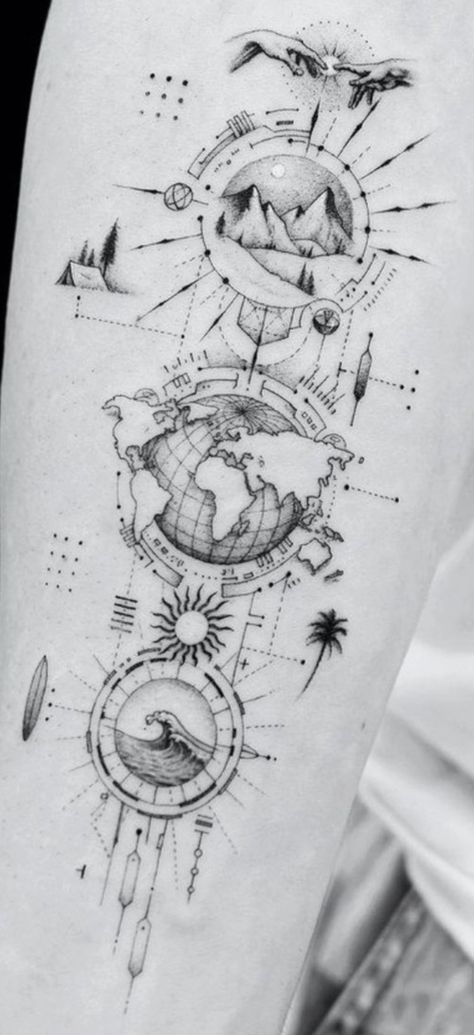 Compass With World Map Tattoo, World Map Tattoo, Geometric Travel Tattoo Design, World Map Arm Tattoo, World Map Tattoo Back, Geometric World Map Tattoo, Compass With Map Tattoo Design, Croatian Tattoo, World Map Tattoos