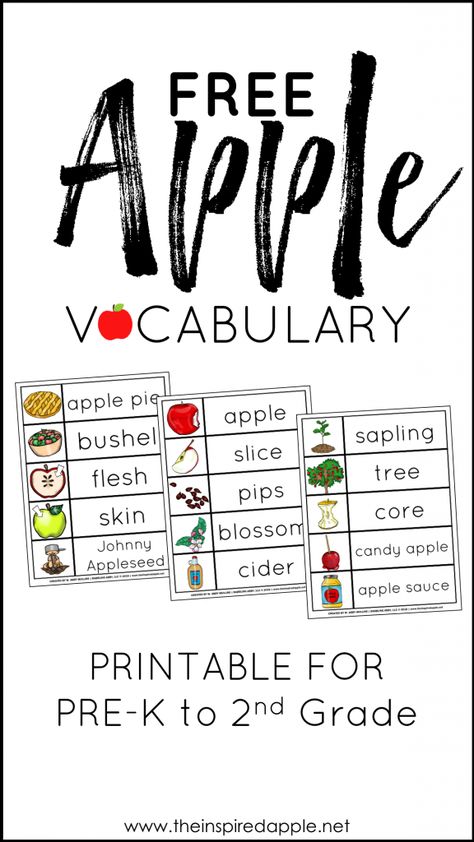 Apple Vocabulary Free Printable Apple Vocabulary, Vocabulary Words With Pictures, Kindergarten Apples, Apple Theme Classroom, Apple Word, Apple Facts, Apple Classroom, Preschool Apple Theme, Apple Kindergarten