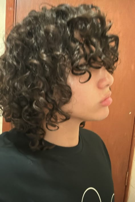 Curly Haircuts Men Long, Curly Hair Bangs Layers, Curly Hair With Bangs Men, Ethan Garcia Hair, Transmasc Curly Hair, Curly Masculine Hair, Curly Shag Haircut Men, Curly Masc Haircut, Short Shaggy Curly Haircuts