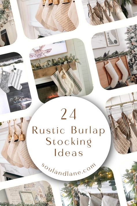 Bring a touch of homespun elegance to your holiday setup with rustic burlap stocking decorations. This versatile fabric offers a blank canvas for creativity, allowing you to design stockings that reflect a rustic yet refined aesthetic. Decorate with embroidery or stenciled holiday motifs like stars, trees, or snowflakes for a festive look. Adding elements such as twine, holly berries, or small ornaments can enhance the rustic appeal while keeping the decor personal and inviting. Holiday Entryway Decor, Stocking Decorations, Cozy Lodge, Plaid Stockings, Stocking Ideas, Burlap Stockings, Stone Mantel, Vintage Burlap, Frosted Tree