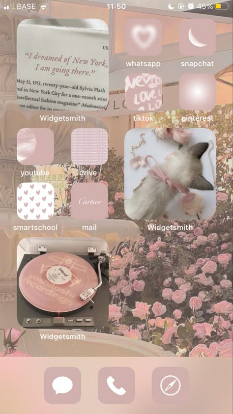 Pink Aesthetic Layout Iphone, Soft Pink Phone Theme, Phone Themes Aesthetic Pink, Pink Phone Theme Layout, Iphone Homescreen Ideas Pink, Soft Pink Homescreen, Aesthetic Summer Home Screen, Home Screen Iphone Aesthetic, Home Screen Ideas Summer