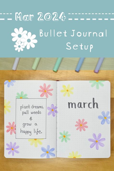 A springtime, Easter-y, pastel daisy bullet journal setup for March 2024 🌼🌸🤍 Daisy Bullet Journal, Easter Bullet Journal, Spring Bullet Journal, Crayola Pens, 2024 Bullet Journal, Journal 2023, How To Bullet Journal, March Bullet Journal, Tree Doodle