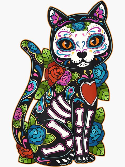 Sugar Skull Animals, Cat Sugar Skull, Mathematics Art, Sugar Skull Artwork, Mexican Paintings, Sugar Skull Cat, Cat Tat, Sugar Skull Tattoos, 3rd Grade Art