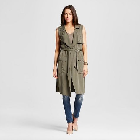 Mossimo Women's Long Vest Womens Long Vest, Olive Trench Coat, Olive Vest, Sleeveless Trench Coat, Thirty Flirty And Thriving, Army Green Vest, Olive Green Vest, Duster Vest, Sleeveless Trench