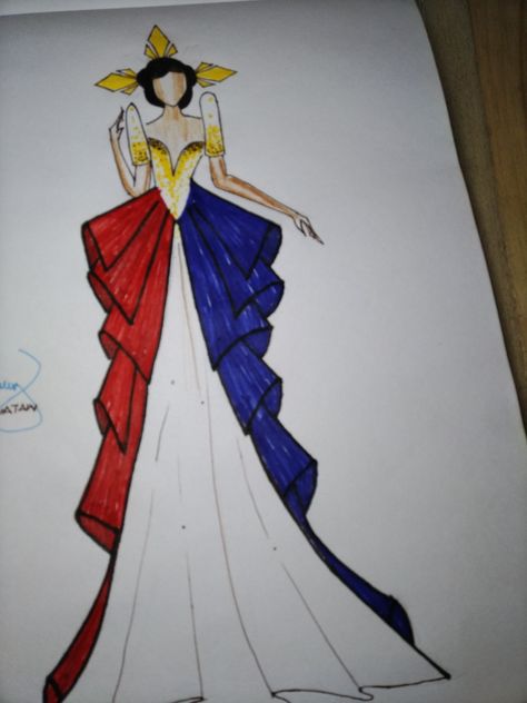 Filipino Traditional Clothing Drawing, Filipino Prom Dress, Philippine Headdress, Filipina Drawing, Gown Design Sketch, Recycled Gown Ideas, Filipino Drawing, Filipiniana Design, Dress Drawing Easy