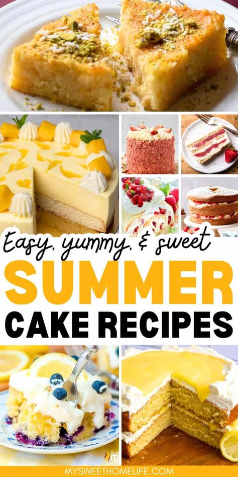 Get set for summer fun with these easy, yummy, summer cake recipes! Perfect for any outdoor party, this selection has all your favorites, including ice cream cakes for when it's too hot to cook. These recipes are super simple, great for beginners. So, why wait? Start exploring these summer treats now and get ready for your next delicious adventure! Cakes For Summer, Easy Summer Desserts Cake Mixes, Easy Summer Fruit Cake, Summer Cake Flavors, Cool Summer Desserts Simple, Summer Cake Designs Easy, Summer Baking Ideas, Summer Cakes Ideas, No Bake Summer Desserts Simple