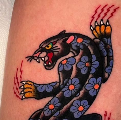 Ruby Tiger Tattoo Studio on Instagram: "Floral panther by @mickeyputts" Girly Panther Tattoo, Floral Panther Tattoo, Neo Trad Panther, American Traditional Panther Tattoo, Traditional Floral Tattoo, Witch Inspiration, Traditional Tiger Tattoo, Traditional Panther Tattoo, Jaguar Tattoo