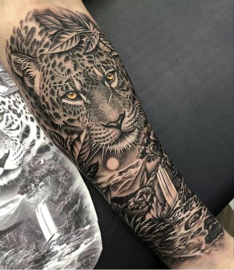 Jaguar Jungle Tattoo, Leopard Tattoos Men, Jungle Theme Leg Sleeve, Mens Animal Tattoo Sleeve, Jaguar Tattoo Leg, Jaguar Sleeve Tattoo, Jungle Theme Tattoo Sleeve For Women, Leopard Tattoo Men, Panther Tattoo Men