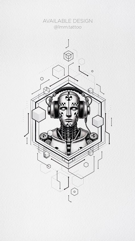 Fine line geometric tattoo of a crash test dummy wearing headphones, surrounded by hexagonal shapes and electronic circuit accents, symbolizing sound testing and technology. Line Geometric Tattoo, Fine Line Geometric Tattoo, Technology Tattoo, Crash Test Dummy, Concept Tattoo, Electronic Tattoo, Crash Test Dummies, Wearing Headphones, Crash Test