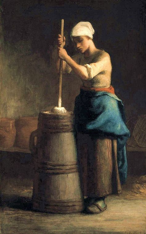 millet, jean-françois - Young Woman Churning Butter 2 | por Amber Tree Millet Paintings, Jean Francois Millet, Barbizon School, Istoria Artei, Gustave Courbet, Churning Butter, Beautiful Oil Paintings, Historical Painting, European Paintings