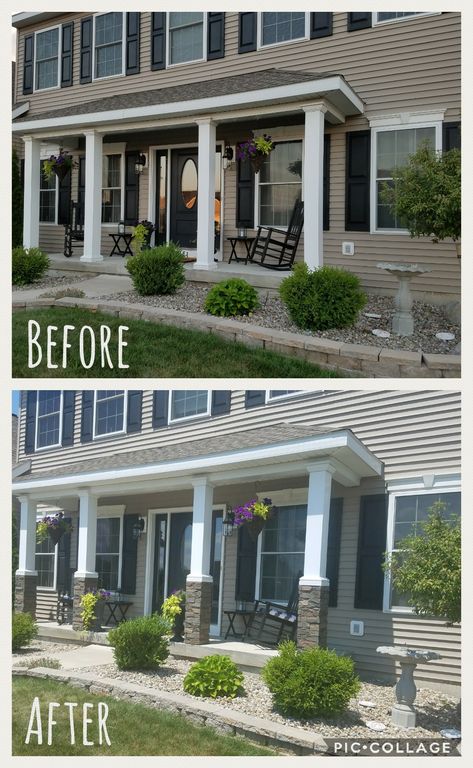 Before & After stone columns, front porch Front Porch With One Column, Changing Front Porch Columns, Stacked Stone Columns Front Porch, Updated Front Porch Columns, Brick Wrapped Porch Columns, Update Front Porch Columns, Add Curb Appeal To Flat Front House, Update Porch Columns, Round Columns On Front Porch