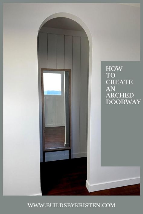 How to create an Arch Doorway: Steps and Materials - buildsbykristen.com Coat Closet Makeover, Archways In Homes, Arched Doorway, Closet Idea, Mudroom Closet, Corner Closet, Modern Apartment Living Room, Entry Closet, Arch Doorway