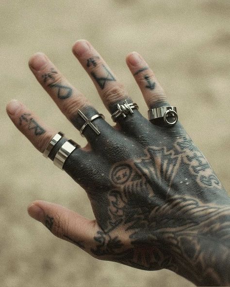 Dark Satanic, Hand Tattoo Cover Up, Hand Palm Tattoos, Half Sleeve Tattoos Forearm, Le Tattoo, Neo Tattoo, Rings And Necklaces, Ring Finger Tattoos, Blackout Tattoo