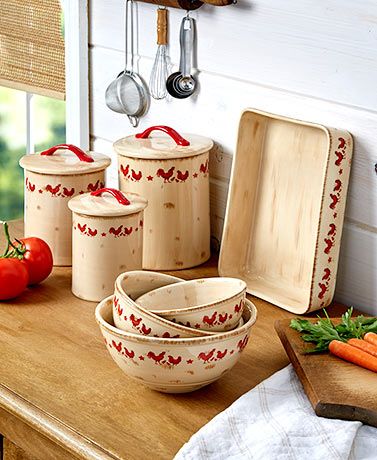 This Rooster Kitchen Collection adds functional items with a decorative theme to your kitchen. Each piece has a distressed finish and a red rooster design along Apple Kitchen Decor, Rooster Print, Rooster Kitchen, Country Kitchen Designs, Red Rooster, Red Cottage, Farm Kitchen, French Country Kitchen, Primitive Kitchen